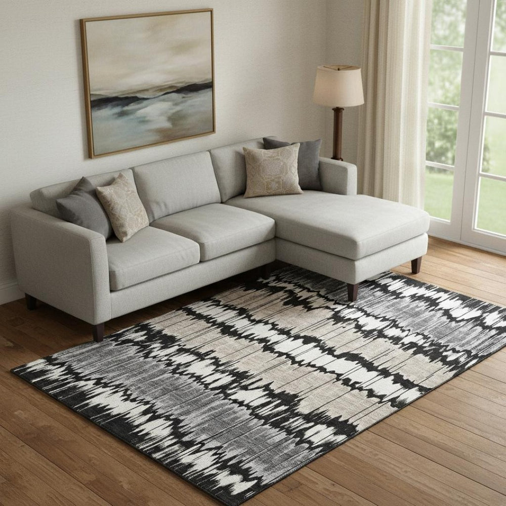 HomeRoots 9' X 12' Stylish Black, Silver & Brown Striped Washable Area Rug with UV Protection for High-Traffic Spaces 663420