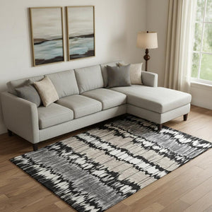 HomeRoots 10' Striped Washable Area Rug - Black, Silver & Brown with UV Protection for High-Traffic Spaces 663421