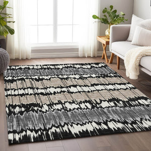 HomeRoots 10' Striped Washable Area Rug - Black, Silver & Brown with UV Protection for High-Traffic Spaces 663421