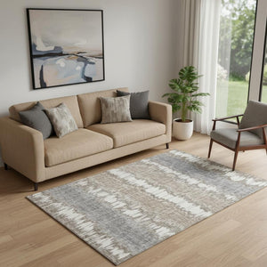 HomeRoots 5' X 8' Washable Taupe, Ivory & Gray Striped Area Rug with UV Protection - Perfect for High-Traffic Spaces! 663465
