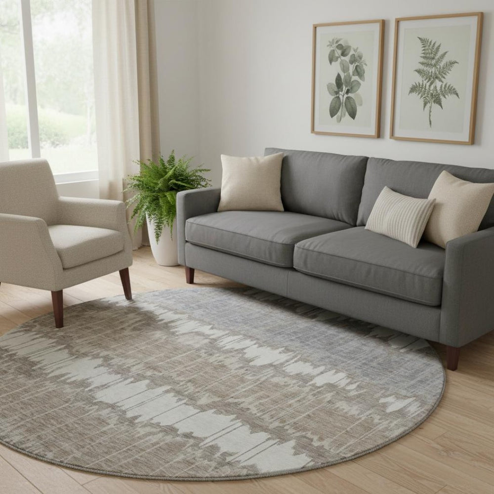 HomeRoots 8' Taupe Ivory and Gray Striped Round Rug – Washable, UV-Protected, Stain-Resistant, Durable Design! 663466