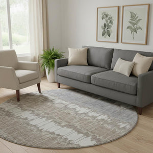 HomeRoots 8' Taupe Ivory and Gray Striped Round Rug – Washable, UV-Protected, Stain-Resistant, Durable Design! 663466