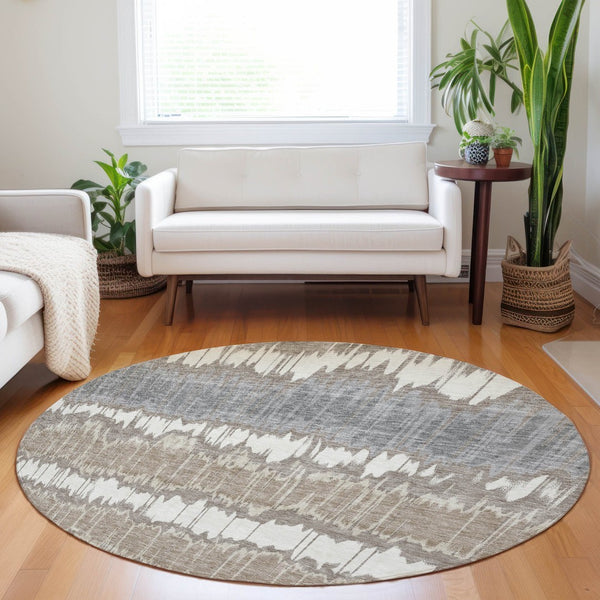 HomeRoots 8' Taupe Ivory and Gray Striped Round Rug – Washable, UV-Protected, Stain-Resistant, Durable Design! 663466