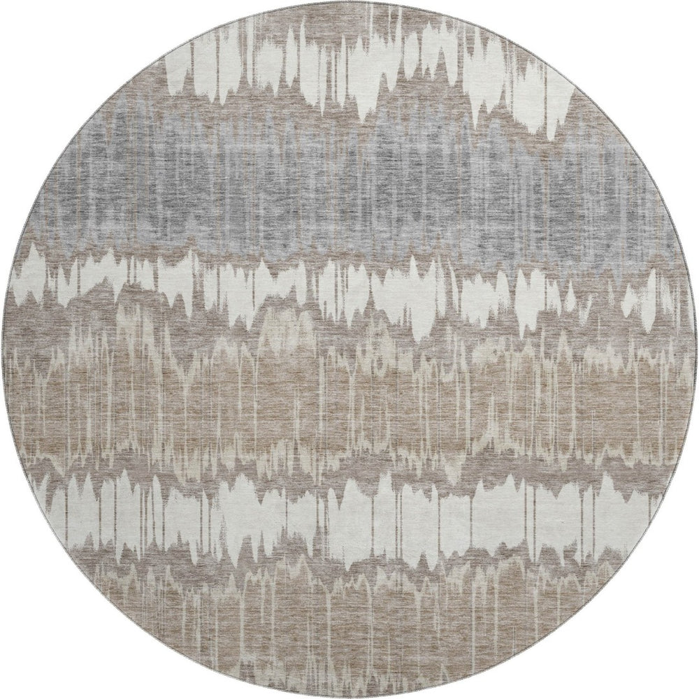 HomeRoots 8' Taupe Ivory and Gray Striped Round Rug – Washable, UV-Protected, Stain-Resistant, Durable Design! 663466