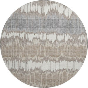 HomeRoots 8' Taupe Ivory and Gray Striped Round Rug – Washable, UV-Protected, Stain-Resistant, Durable Design! 663466