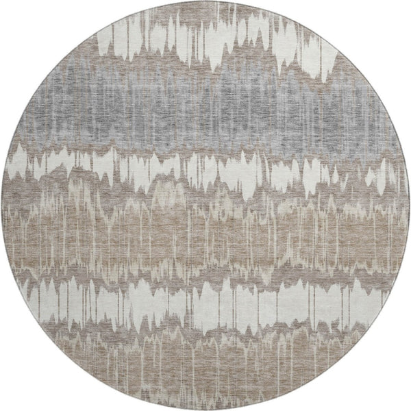 HomeRoots 8' Taupe Ivory and Gray Striped Round Rug – Washable, UV-Protected, Stain-Resistant, Durable Design! 663466