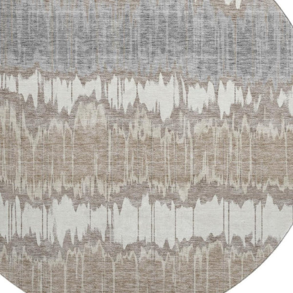 HomeRoots 8' Taupe Ivory and Gray Striped Round Rug – Washable, UV-Protected, Stain-Resistant, Durable Design! 663466