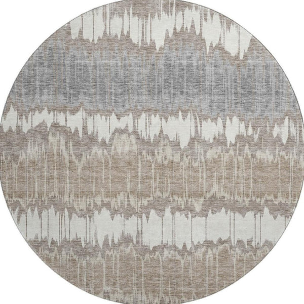HomeRoots 8' Taupe Ivory and Gray Striped Round Rug – Washable, UV-Protected, Stain-Resistant, Durable Design! 663466