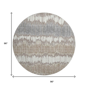 HomeRoots 8' Taupe Ivory and Gray Striped Round Rug – Washable, UV-Protected, Stain-Resistant, Durable Design! 663466