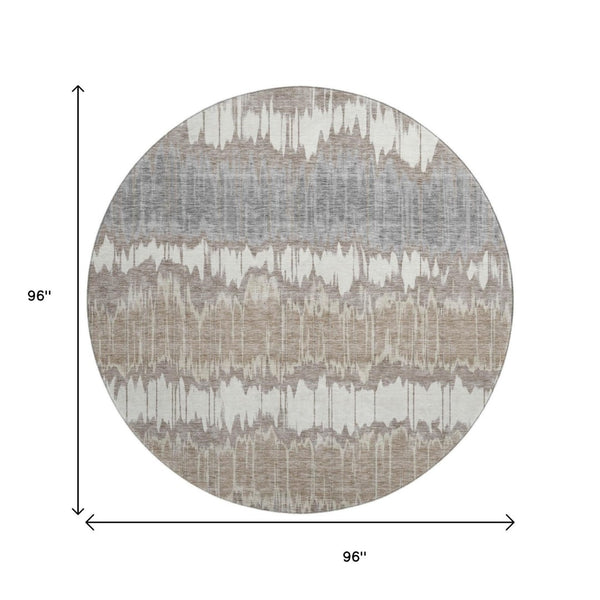 HomeRoots 8' Taupe Ivory and Gray Striped Round Rug – Washable, UV-Protected, Stain-Resistant, Durable Design! 663466