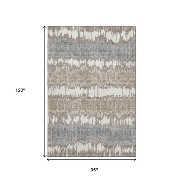 HomeRoots 8' X 10' Striped Washable Area Rug in Taupe, Ivory & Gray – Durable, UV Protected & Easy Care Design 663467