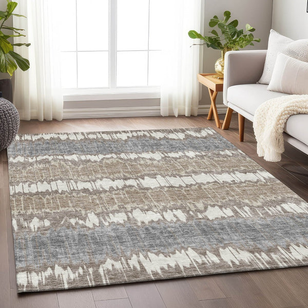 HomeRoots 8' X 10' Striped Washable Area Rug in Taupe, Ivory & Gray – Durable, UV Protected & Easy Care Design 663467
