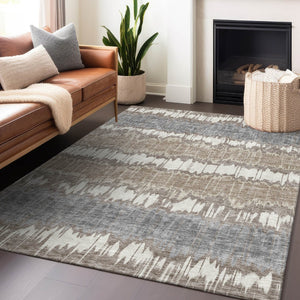 HomeRoots 8' X 10' Striped Washable Area Rug in Taupe, Ivory & Gray – Durable, UV Protected & Easy Care Design 663467