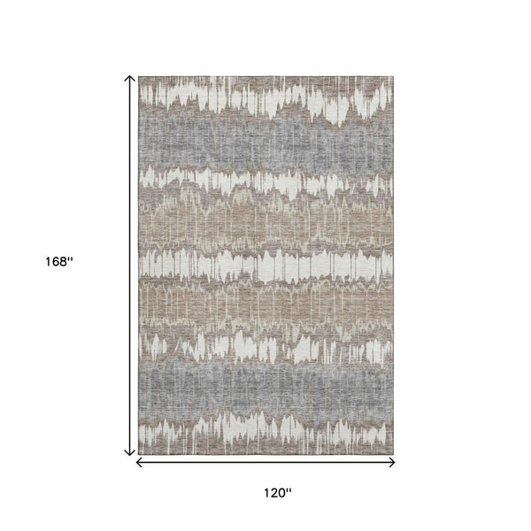 HomeRoots 10' X 14' Striped Washable Area Rug in Taupe & Gray - Soft, Durable, UV-Protected for Family Spaces 663469