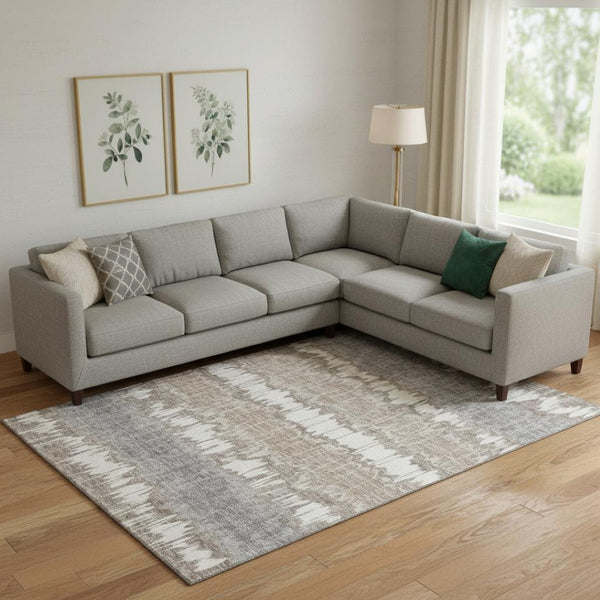 HomeRoots 10' X 14' Striped Washable Area Rug in Taupe & Gray - Soft, Durable, UV-Protected for Family Spaces 663469