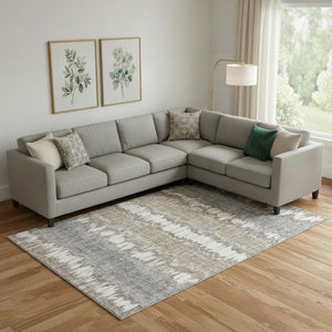HomeRoots 10' X 14' Striped Washable Area Rug in Taupe & Gray - Soft, Durable, UV-Protected for Family Spaces 663469