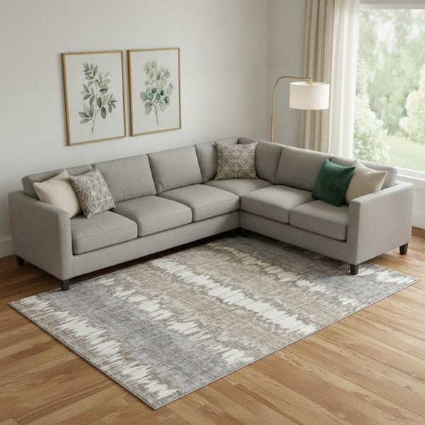 HomeRoots 10' X 14' Striped Washable Area Rug in Taupe & Gray - Soft, Durable, UV-Protected for Family Spaces 663469