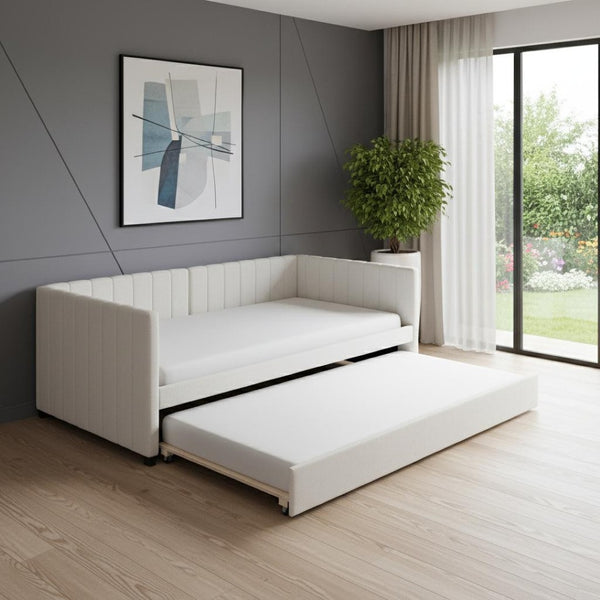 HomeRoots Beige Tufted Linen Daybed with Trundle - Stylish Space-Saving Solution for Guest Rooms & Offices 663482