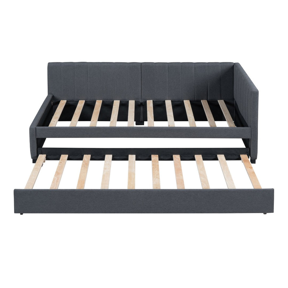 HomeRoots Gray Tufted Linen Upholstered Twin Daybed with Space-Saving Trundle for Stylish Comfort & Versatility 663483