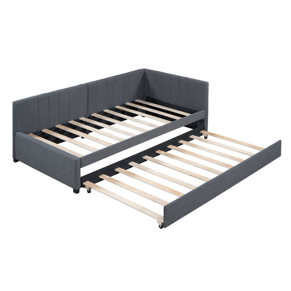 HomeRoots Gray Tufted Linen Upholstered Twin Daybed with Space-Saving Trundle for Stylish Comfort & Versatility 663483