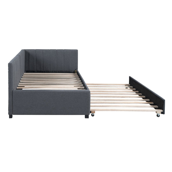 HomeRoots Gray Tufted Linen Upholstered Twin Daybed with Space-Saving Trundle for Stylish Comfort & Versatility 663483