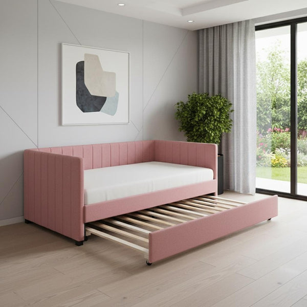 HomeRoots Pink Tufted Linen Day Bed with Trundle - Stylish, Space-Saving Twin Bed for Guest Rooms & Living Areas 663484
