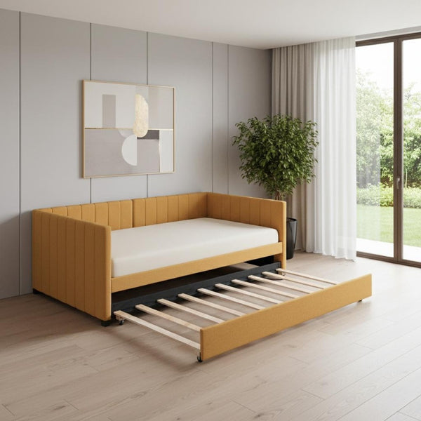 HomeRoots Yellow Tufted Linen Day Bed with Trundle - Stylish Multi-Functional Seating & Sleeping Solution 663485