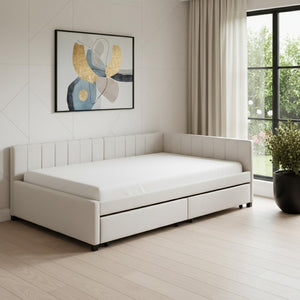 HomeRoots Beige Tufted Linen Day Bed with Drawers - Versatile Full-Size Sofa, Chic Storage, and Comfort 663486