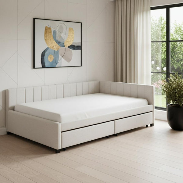 HomeRoots Beige Tufted Linen Day Bed with Drawers - Versatile Full-Size Sofa, Chic Storage, and Comfort 663486