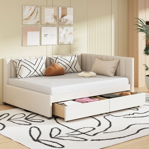 HomeRoots Beige Tufted Linen Day Bed with Drawers - Versatile Full-Size Sofa, Chic Storage, and Comfort 663486