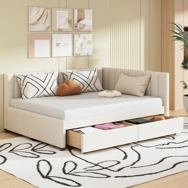 HomeRoots Beige Tufted Linen Day Bed with Drawers - Versatile Full-Size Sofa, Chic Storage, and Comfort 663486