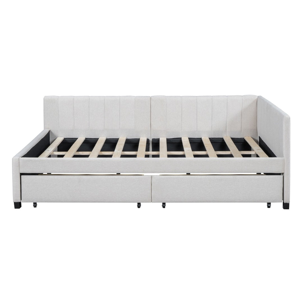 HomeRoots Beige Tufted Linen Day Bed with Drawers - Versatile Full-Size Sofa, Chic Storage, and Comfort 663486