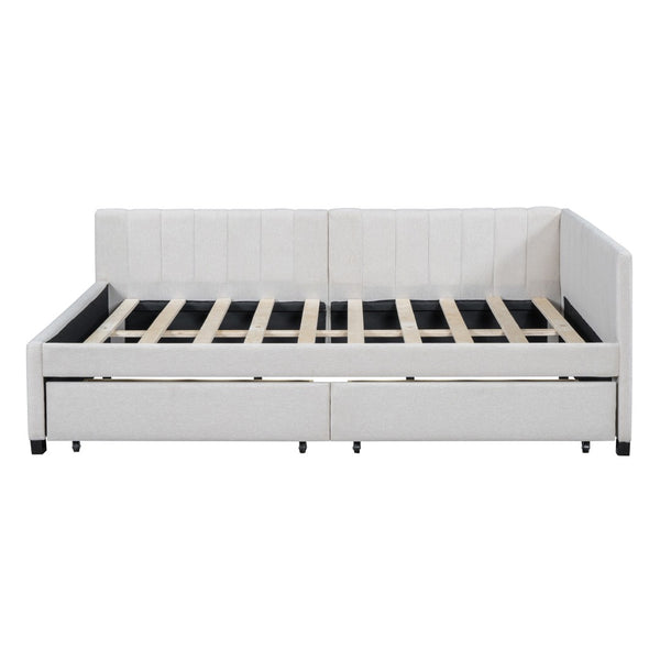 HomeRoots Beige Tufted Linen Day Bed with Drawers - Versatile Full-Size Sofa, Chic Storage, and Comfort 663486