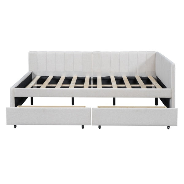 HomeRoots Beige Tufted Linen Day Bed with Drawers - Versatile Full-Size Sofa, Chic Storage, and Comfort 663486