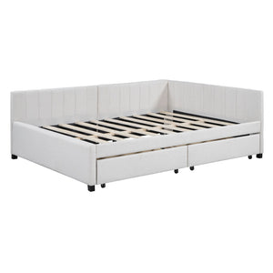HomeRoots Beige Tufted Linen Day Bed with Drawers - Versatile Full-Size Sofa, Chic Storage, and Comfort 663486