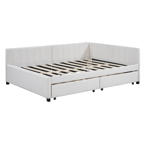 HomeRoots Beige Tufted Linen Day Bed with Drawers - Versatile Full-Size Sofa, Chic Storage, and Comfort 663486
