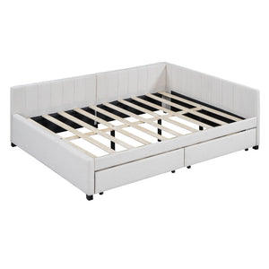 HomeRoots Beige Tufted Linen Day Bed with Drawers - Versatile Full-Size Sofa, Chic Storage, and Comfort 663486