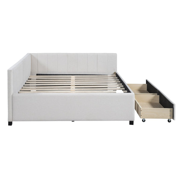 HomeRoots Beige Tufted Linen Day Bed with Drawers - Versatile Full-Size Sofa, Chic Storage, and Comfort 663486