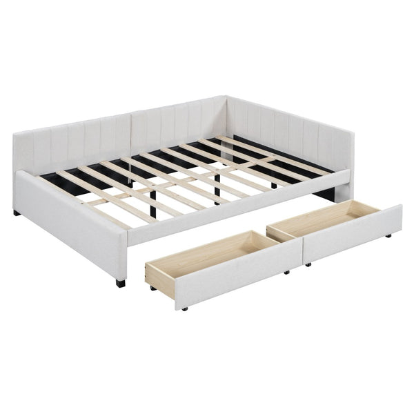 HomeRoots Beige Tufted Linen Day Bed with Drawers - Versatile Full-Size Sofa, Chic Storage, and Comfort 663486