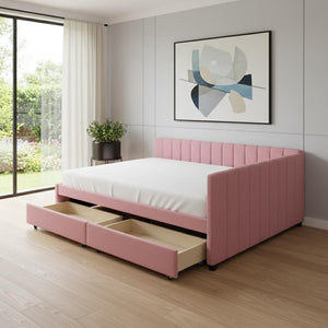 HomeRoots Pink Tufted Linen Day Bed with Drawers - Stylish Multi-Function Sleeper for Modern Interiors 663488