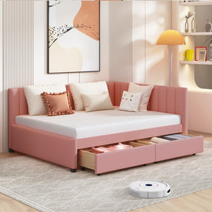 HomeRoots Pink Tufted Linen Day Bed with Drawers - Stylish Multi-Function Sleeper for Modern Interiors 663488