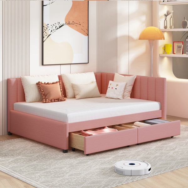 HomeRoots Pink Tufted Linen Day Bed with Drawers - Stylish Multi-Function Sleeper for Modern Interiors 663488