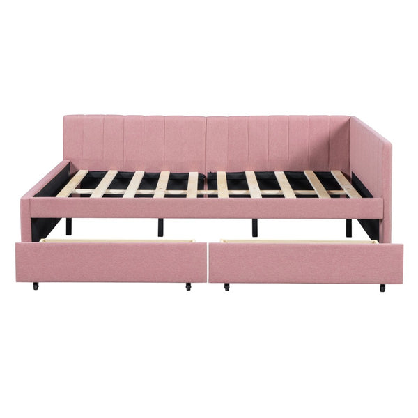 HomeRoots Pink Tufted Linen Day Bed with Drawers - Stylish Multi-Function Sleeper for Modern Interiors 663488