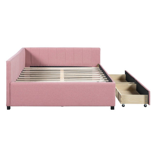 HomeRoots Pink Tufted Linen Day Bed with Drawers - Stylish Multi-Function Sleeper for Modern Interiors 663488