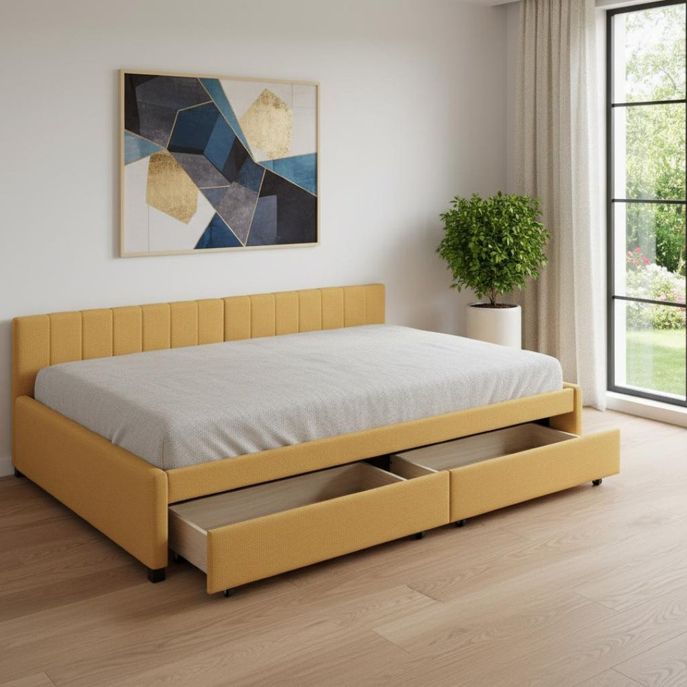 HomeRoots Yellow Tufted Linen Daybed with Drawers - Stylish Multi-Functional Seating & Sleeping Solution 663489