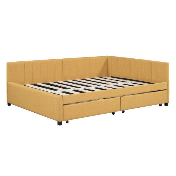HomeRoots Yellow Tufted Linen Daybed with Drawers - Stylish Multi-Functional Seating & Sleeping Solution 663489