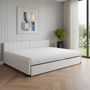 HomeRoots Beige Tufted Linen Day Bed with Trundle - Stylish Dual-Purpose Design for Space-Saving Sleep Solutions 663490