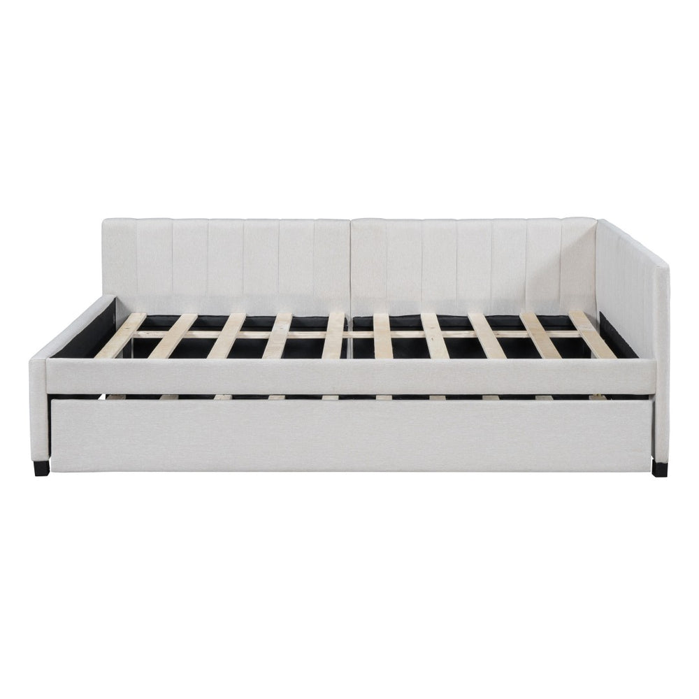 HomeRoots Beige Tufted Linen Day Bed with Trundle - Stylish Dual-Purpose Design for Space-Saving Sleep Solutions 663490