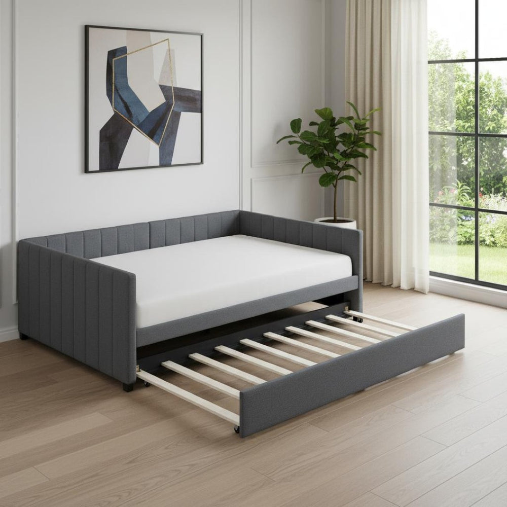 HomeRoots Gray Tufted Linen Upholstered Full Daybed with Trundle – Stylish, Space-Saving, Versatile Design for Any Room 663491