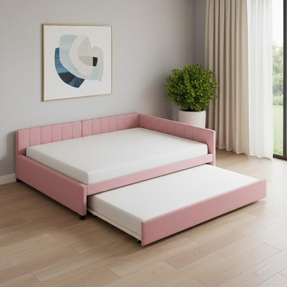 HomeRoots Pink Tufted Linen Daybed with Trundle – Chic & Versatile Sleeper Sofa for Small Spaces & Guests 663492
